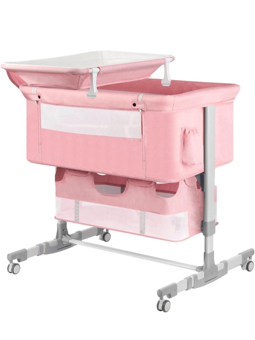 Grey Baby Bassinet with Storage Organizer and Baby Lounger pillow